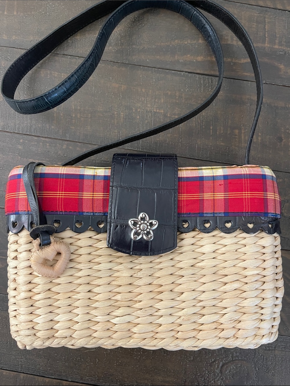 Brighton Woven Straw Crossbody Bag with Red Plaid Trim and Black Leather